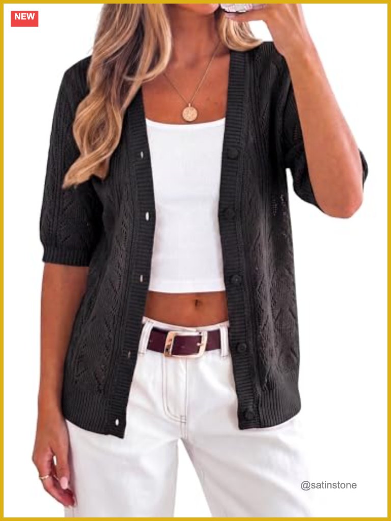 Women's V-Neck Crochet Knit Cardigan Button Short Sleeve Summer Lightweight